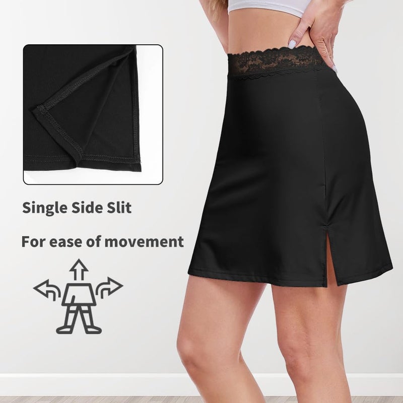MANCYFIT Half Slips for Women Underskirt Short Mini Skirt with Floral Lace Waistband Black Medium - Image 3